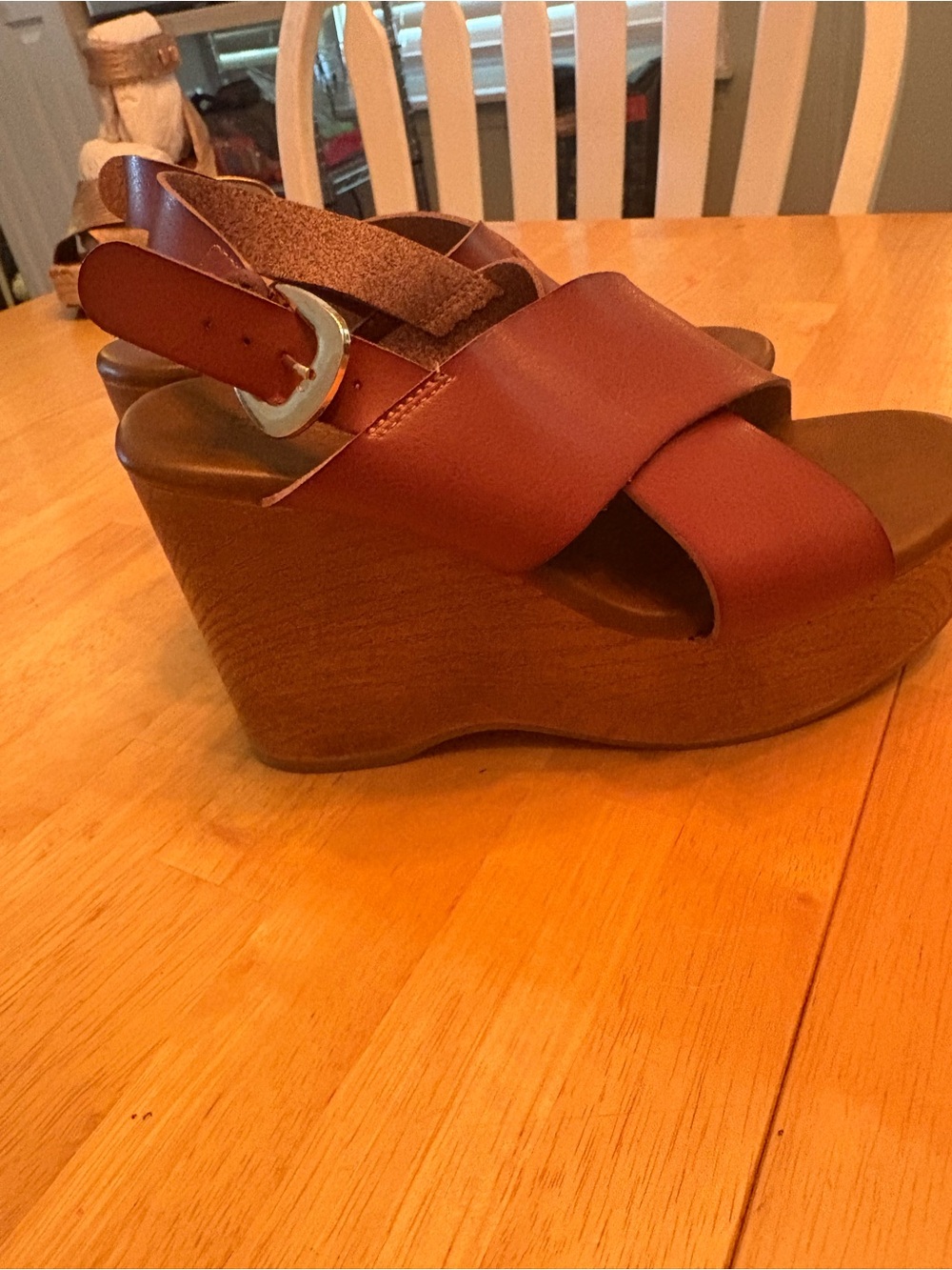 Women's Brown Leather Wedge Sandals with Buckle Strap